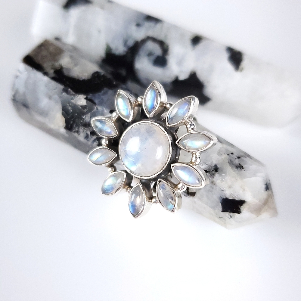925 Sterling Silver Flower Starburst Rainbow Moonstone Ring New Size 7.75 - Picture 3 of 16
